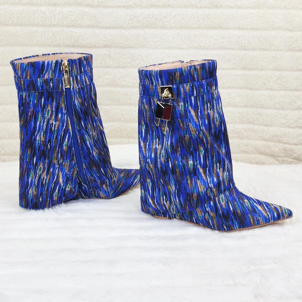 Valley Blue Multi Wedge Heel Fold Over Skirted Ankle Boots